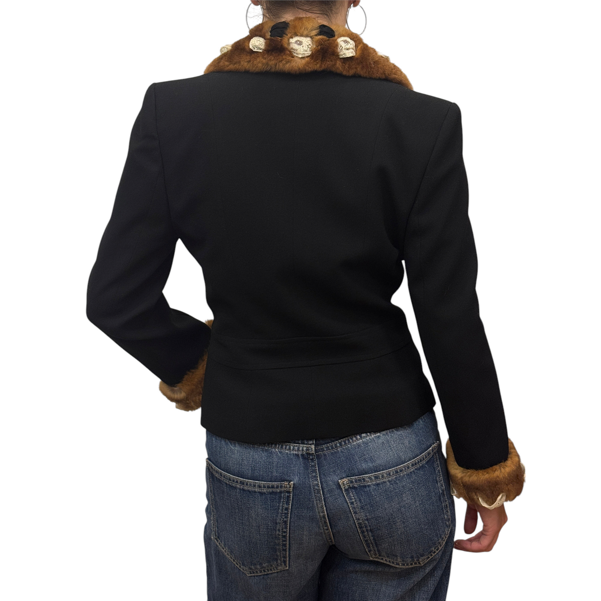 Brandsamsara vintage John Galliano black wool jacket with brown Orylag fur trim on collar and cuffs, back view.