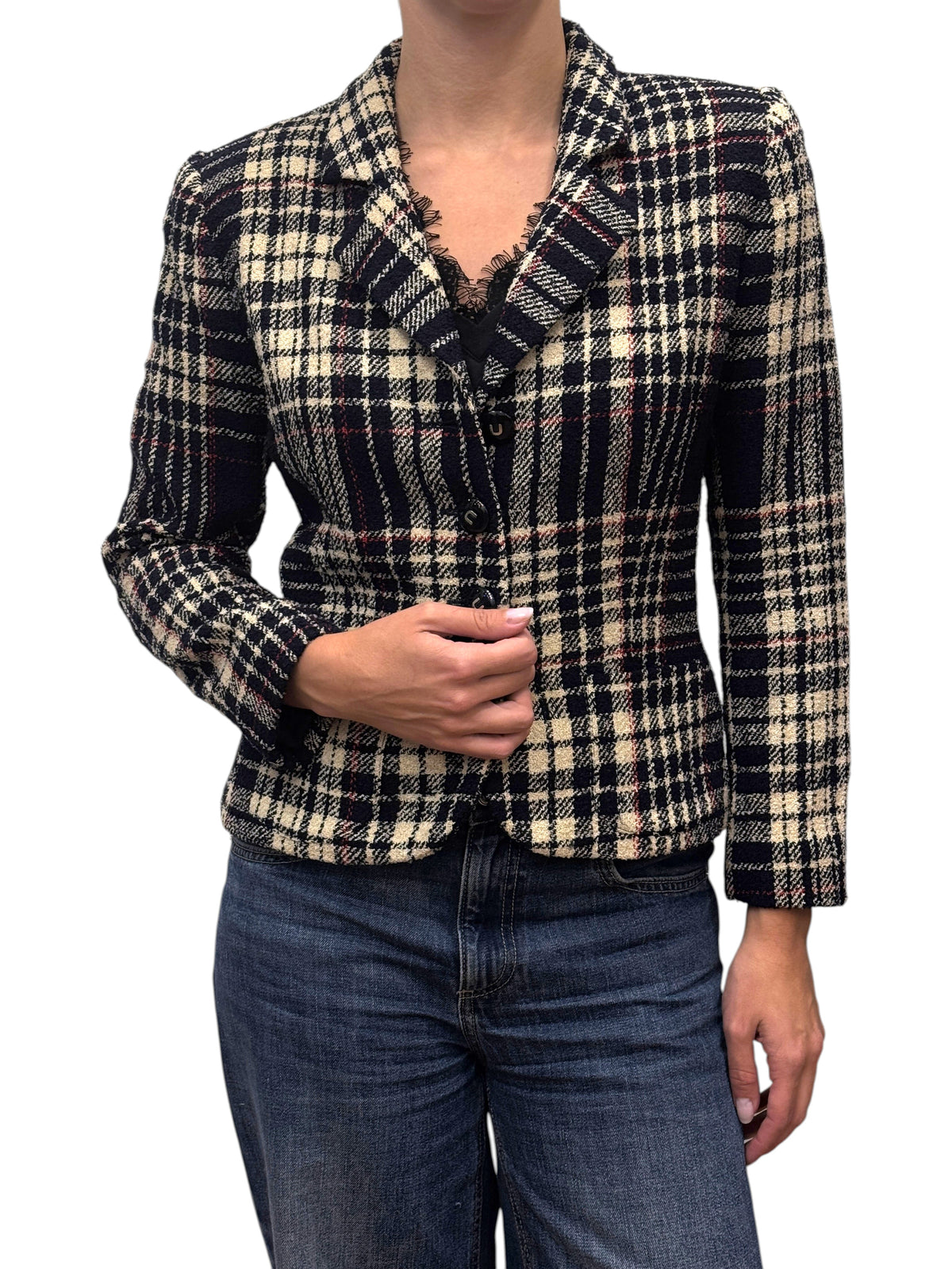 Brandsamsara Emanuel Ungaro multicolor plaid long sleeve jacket with frayed lapel detail worn by a woman