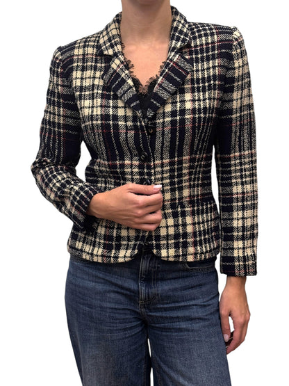 Brandsamsara Emanuel Ungaro multicolor plaid long sleeve jacket with frayed lapel detail worn by a woman