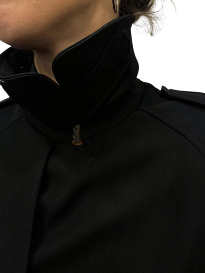 Brandsamsara Jean Paul Gaultier black coat featuring a high structured collar and military-style shoulder epaulettes