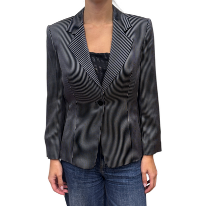 Brandsamsara Armani Collezioni black and white pinstriped silk blazer with long sleeves and a single button closure