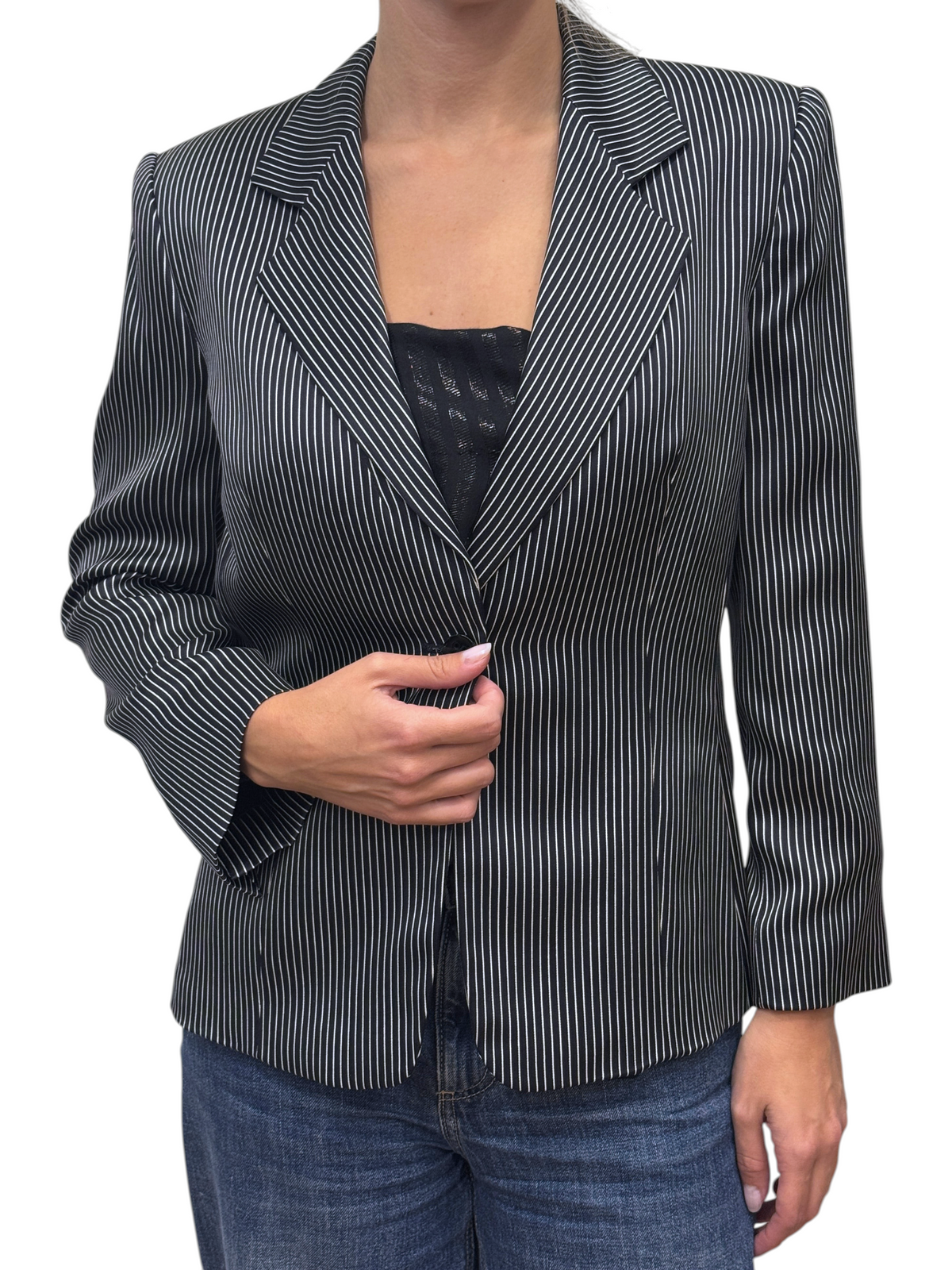 Brandsamsara Armani Collezioni black and white pinstripe silk blazer with long sleeves and a single button closure.