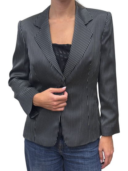 Brandsamsara Armani Collezioni black and white pinstripe silk blazer with long sleeves and a single button closure.