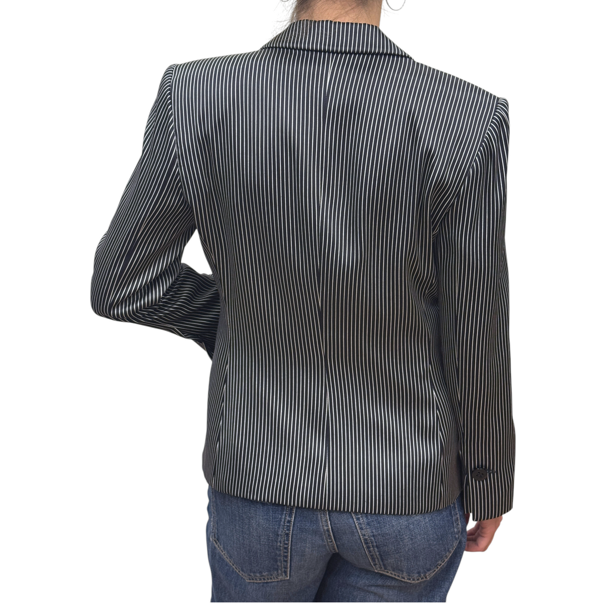 Brandsamsara Armani Collezioni silk suit jacket in black and white vertical stripes, back view on a model.