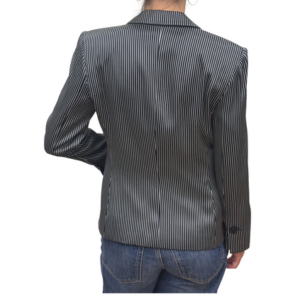 Brandsamsara Armani Collezioni silk suit jacket in black and white vertical stripes, back view on a model.