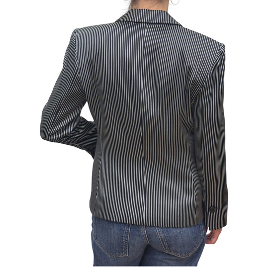 Brandsamsara Armani Collezioni silk suit jacket in black and white vertical stripes, back view on a model.