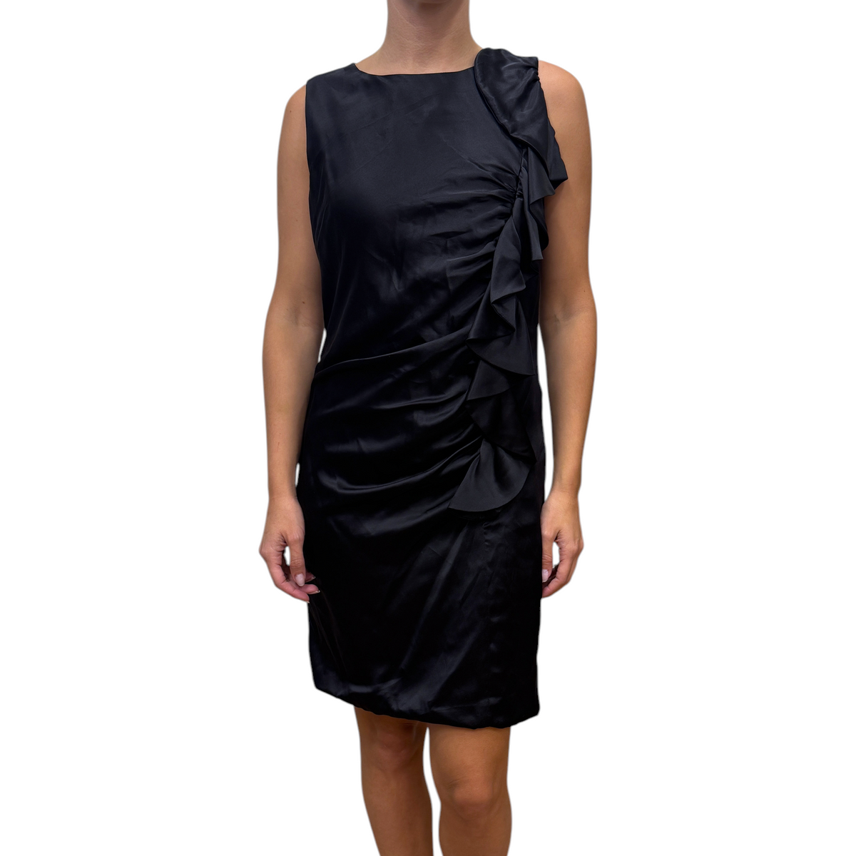 Brandsamsara black silk sleeveless dress with side ruffle detail and cupro lining, made in Italy.