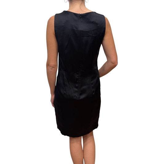 Brandsamsara black silk sleeveless dress with cupro lining, back view on a model