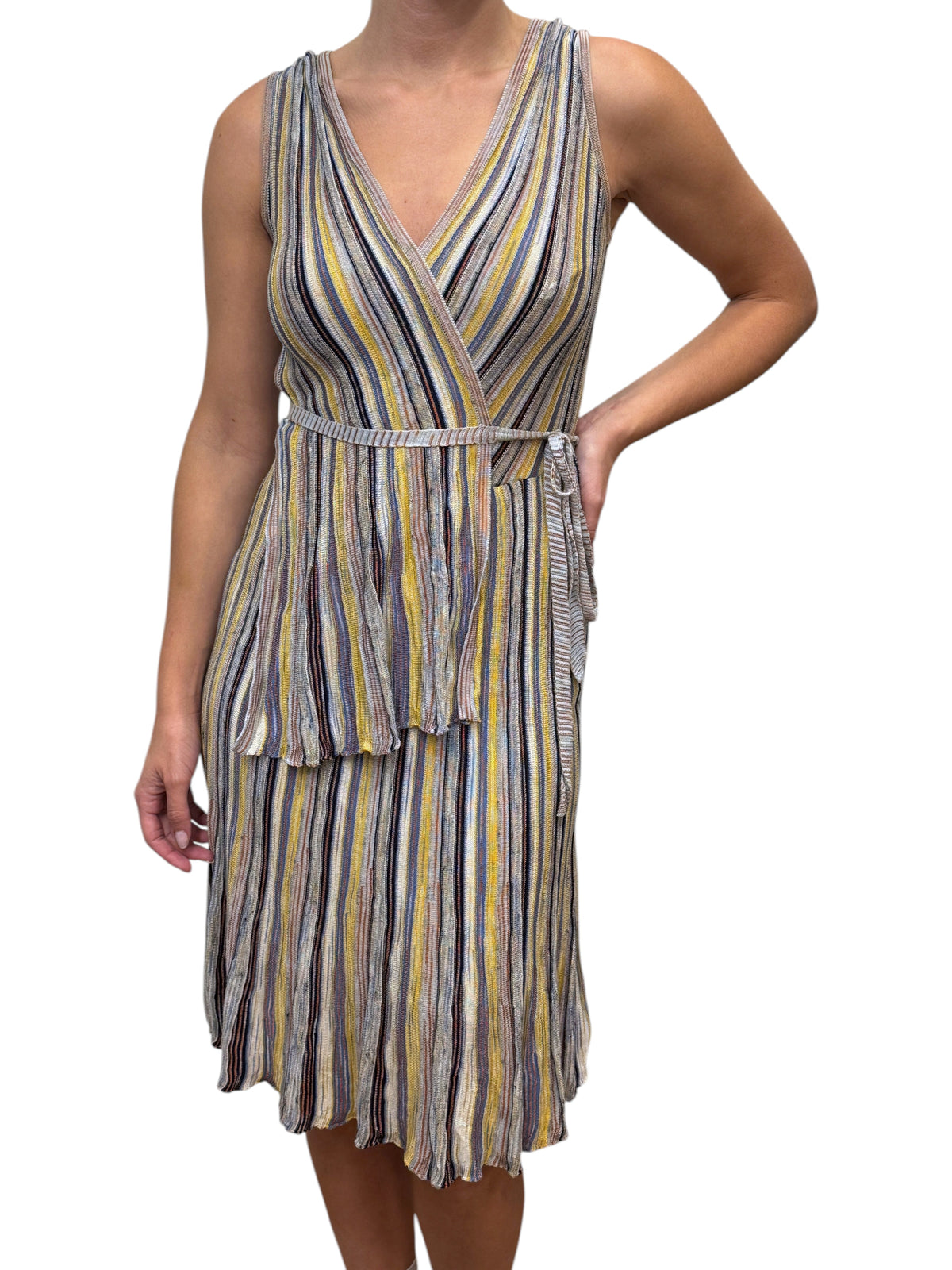 Brandsamsara sleeveless Missoni wrap dress in a multicolor striped cotton blend with a tie waist and full lining.