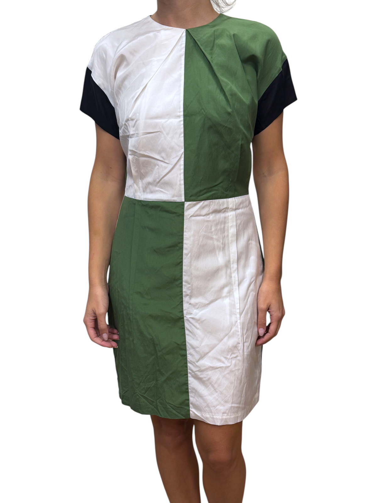 Brandsamsara Acne Studios multicolor silk blend short sleeve dress with a color-blocked green and white pattern