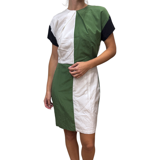 Brandsamsara Acne Studios short sleeve dress in a color-blocked silk blend with green, white, and black panels.