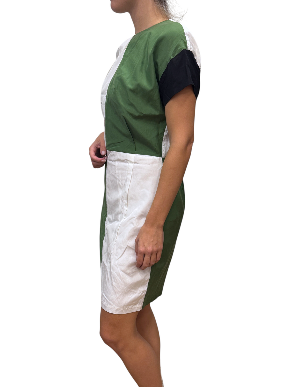 Brandsamsara Acne Studios multicolor silk blend short sleeve dress worn by a model, side view.
