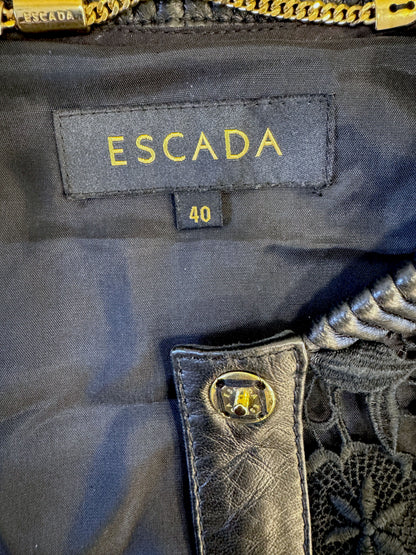 Brandsamsara Escada black leather jacket featuring intricate floral lace panels and gold-tone hardware details