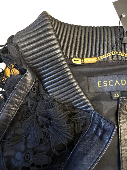 Brandsamsara Escada black leather jacket featuring intricate floral lace panels and a ribbed collar detail.