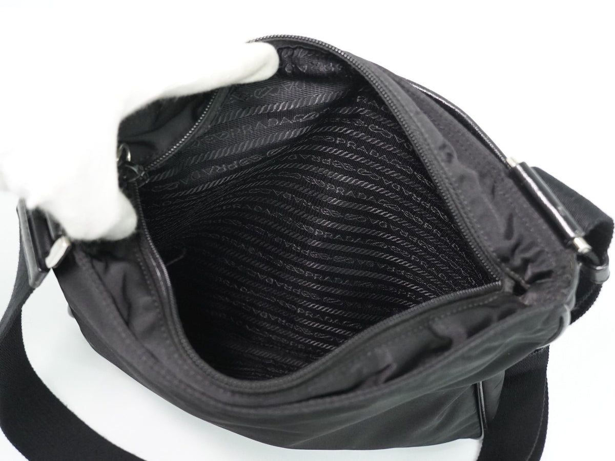 Prada Front Zip Messenger Quilted Tessuto, Black, Nylon, Shoulder Bag