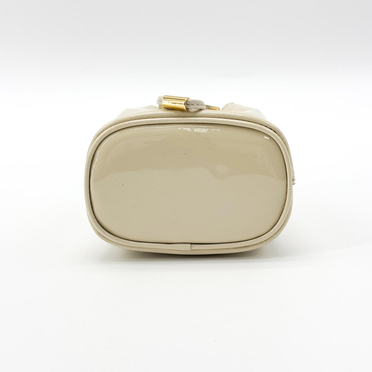 Prada Triangle Logo Drawstring Pouch Bucket Patent, Beige, Patent Leather, Clutch