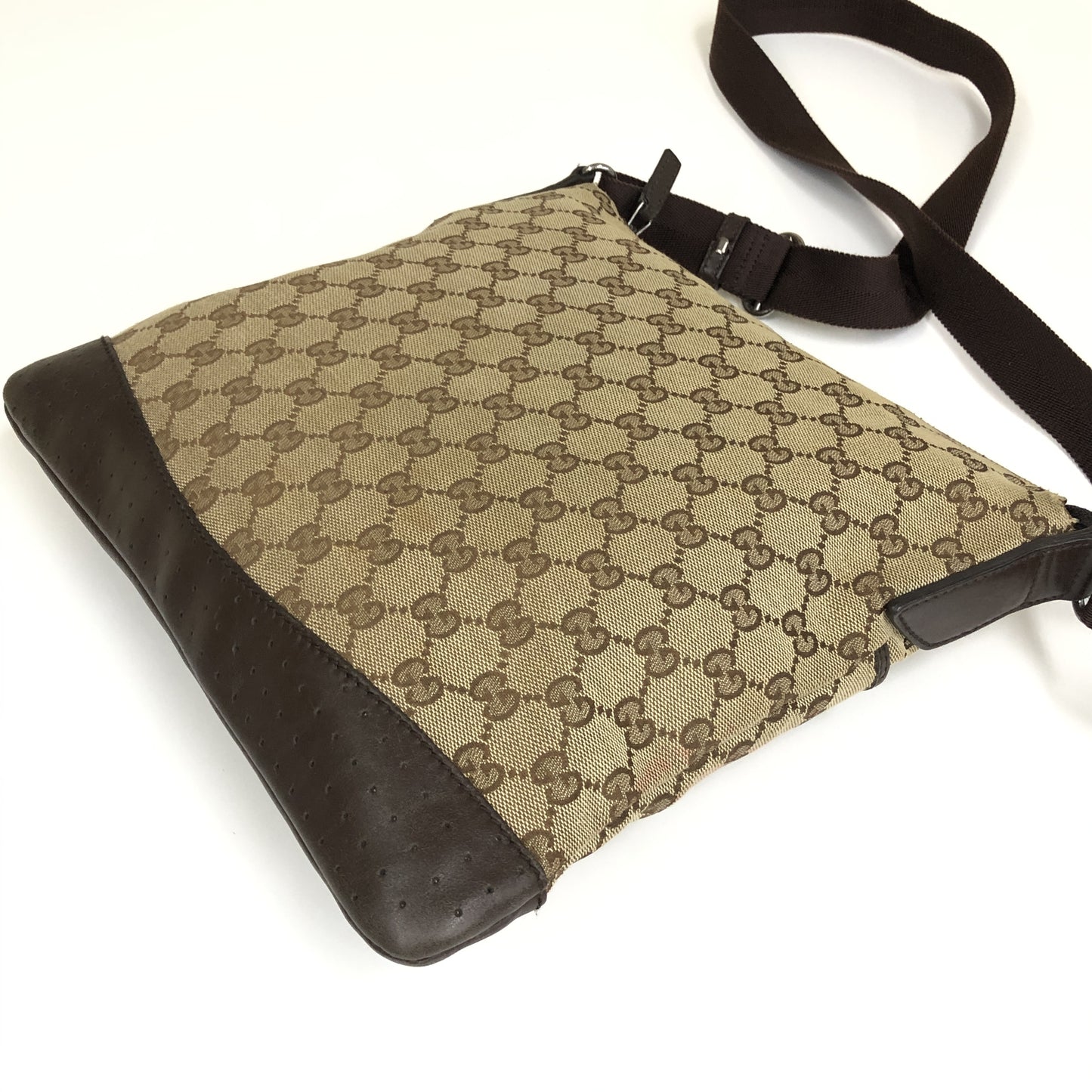 Gucci Zip Messenger GG Canvas with Perforated Leather, Beige, Canvas, Shoulder Bag