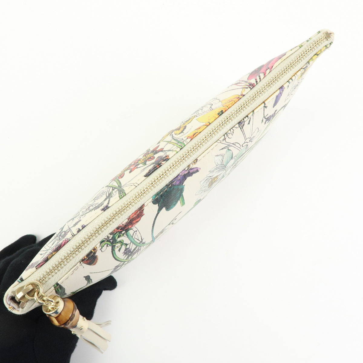 Gucci Bamboo Zip Pouch Flora Leather, Beige, Leather, Clutch