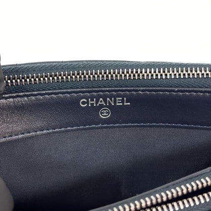 Chanel CC Double Zip Clutch with Chain Chevron Lambskin, Navy, Leather, Clutch