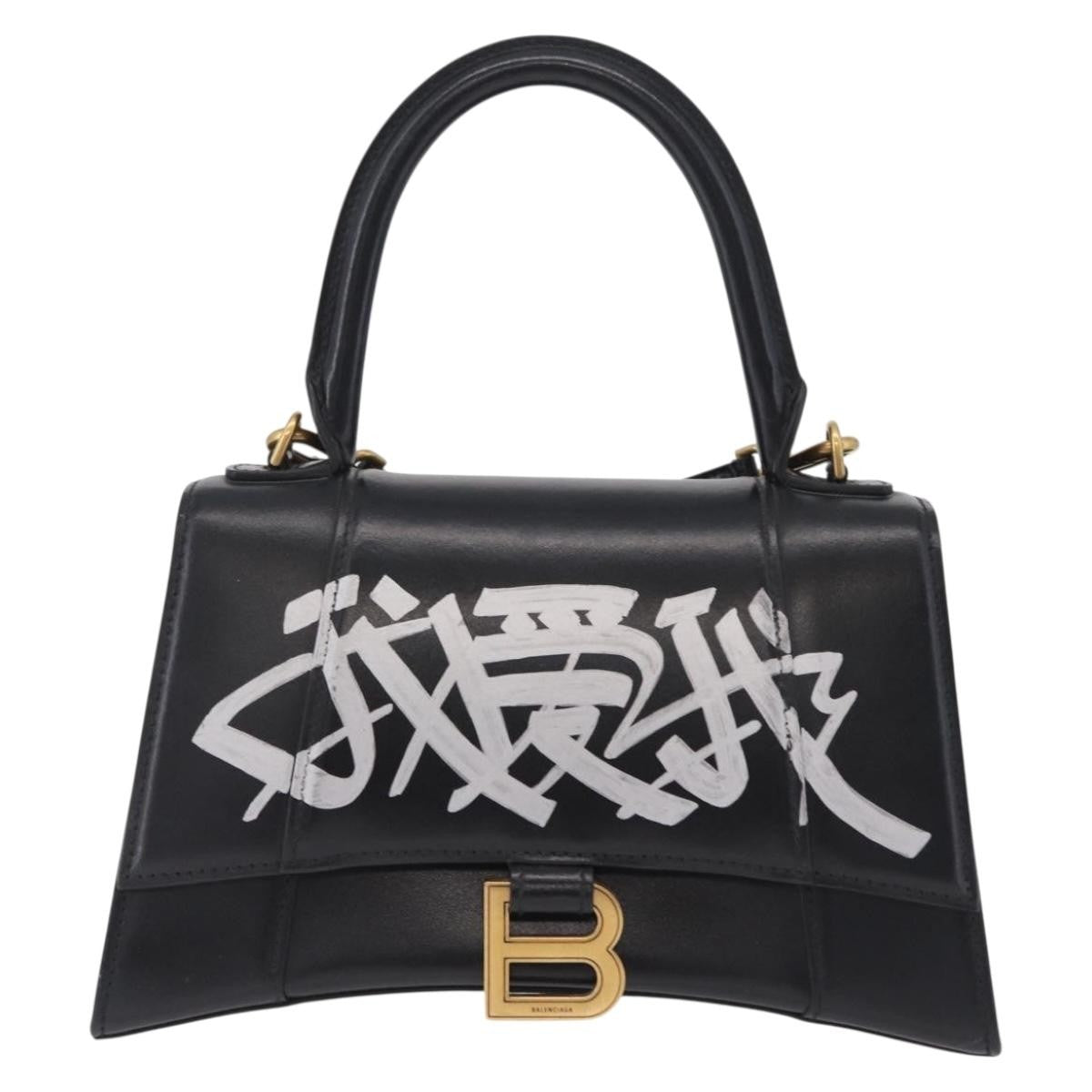 Balenciaga Graffiti Hourglass Top Handle Leather, Black, Leather, Handbag