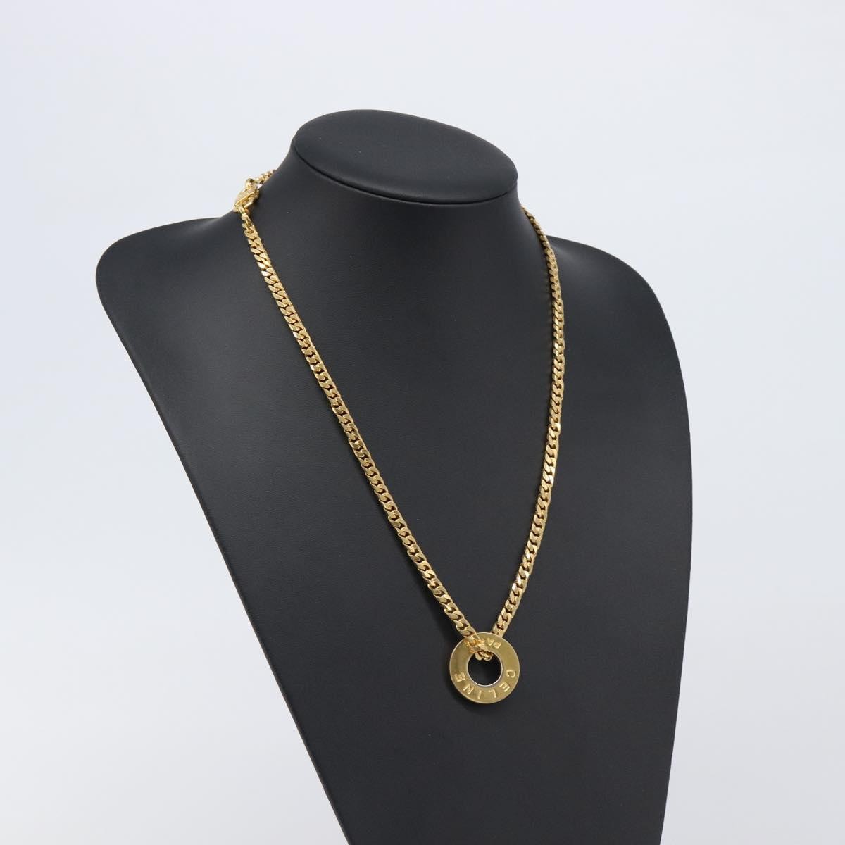 Celine Vintage Logo Circle Pendant Metal, Gold, Metal, Necklace