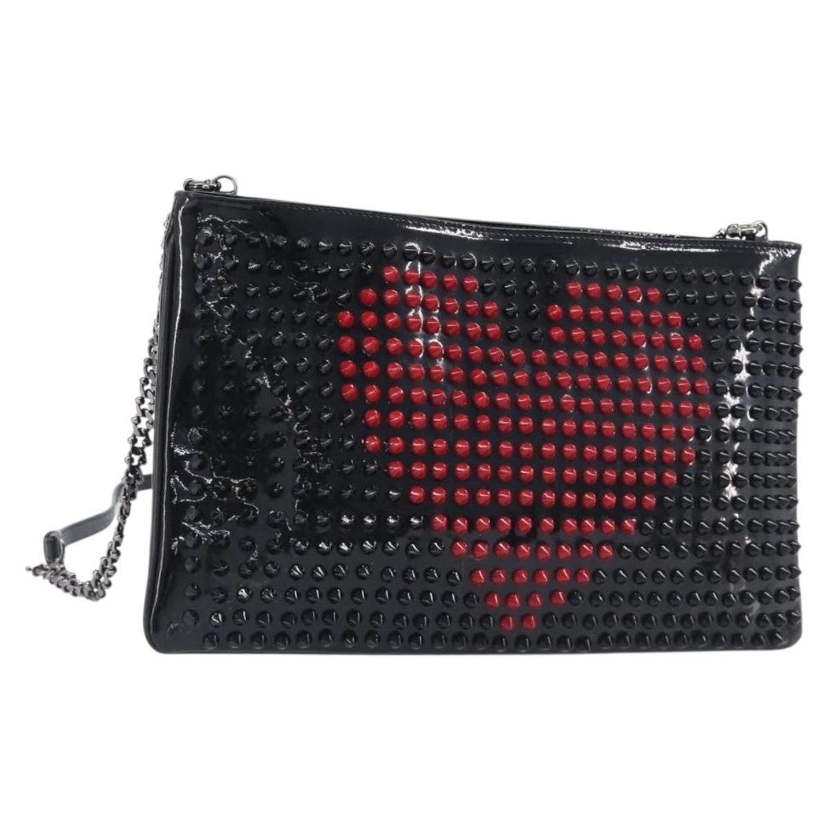 Christian Louboutin Loubiposh Clutch Spiked Patent, Black, Patent Leather, Clutch