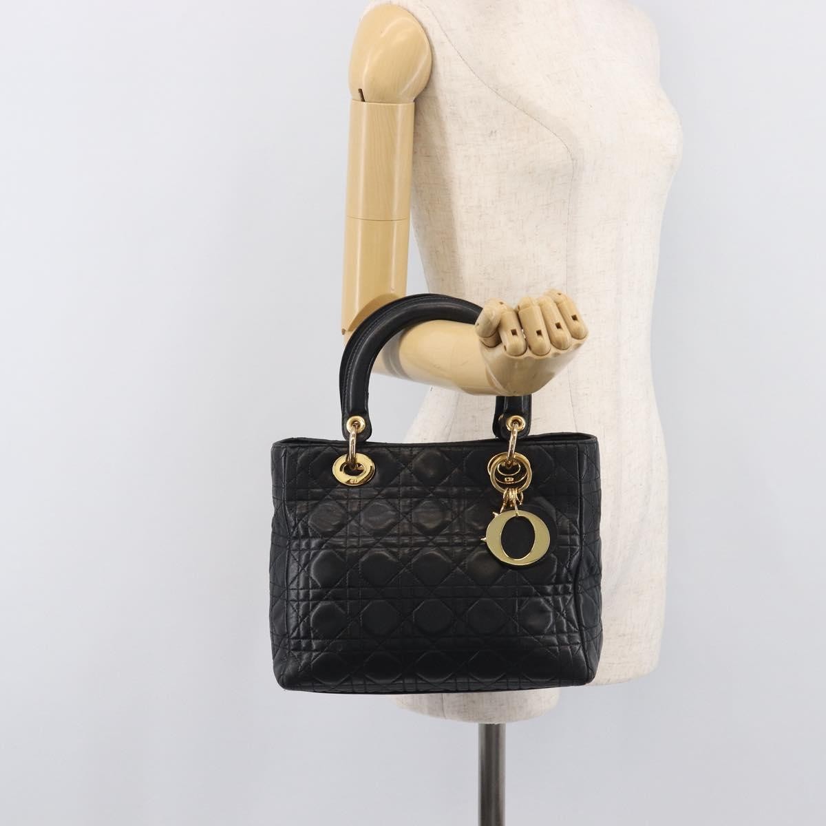 Christian Dior Vintage Lady Dior Cannage Quilt Lambskin, Black, Leather, Handbag