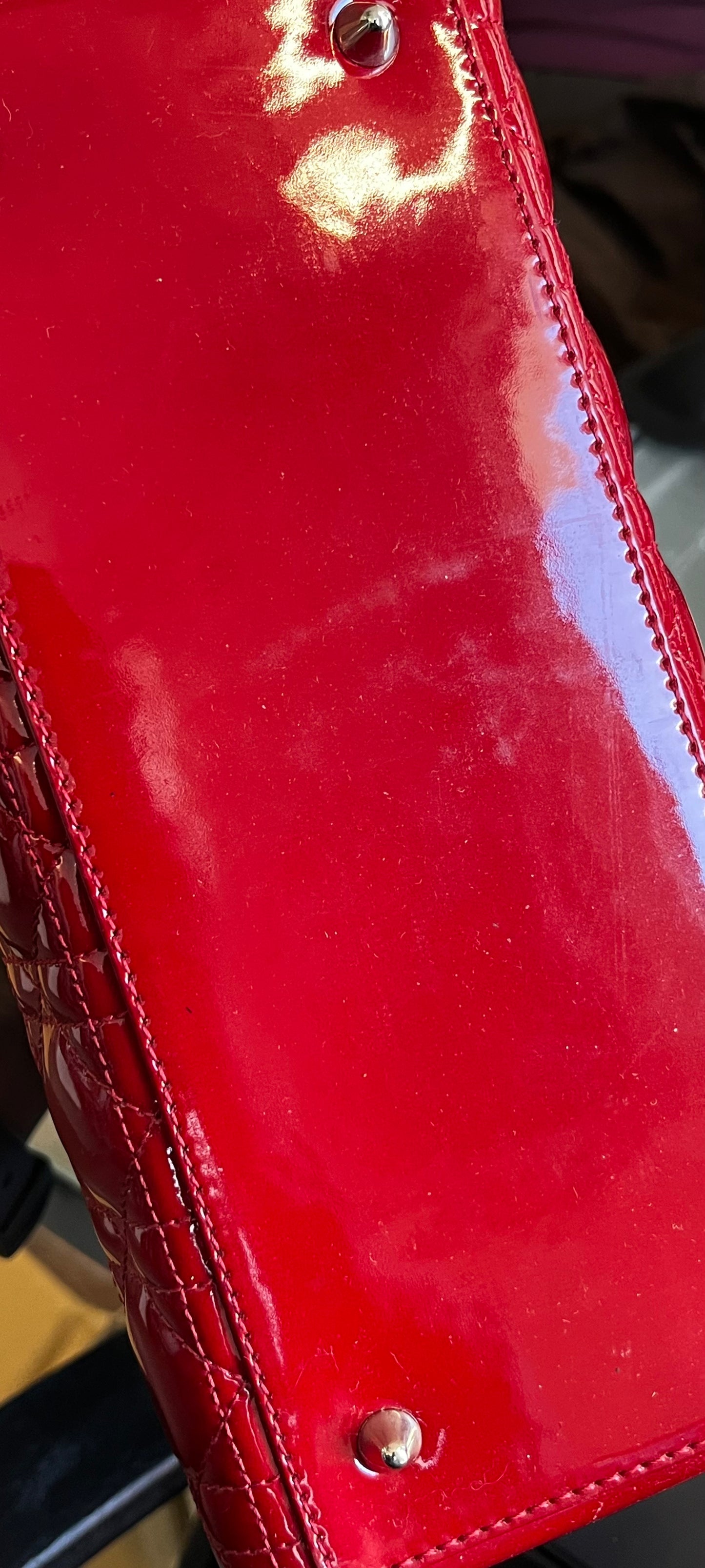 Christian Dior Lady Dior Patent, Red, Patent Leather, Handbag