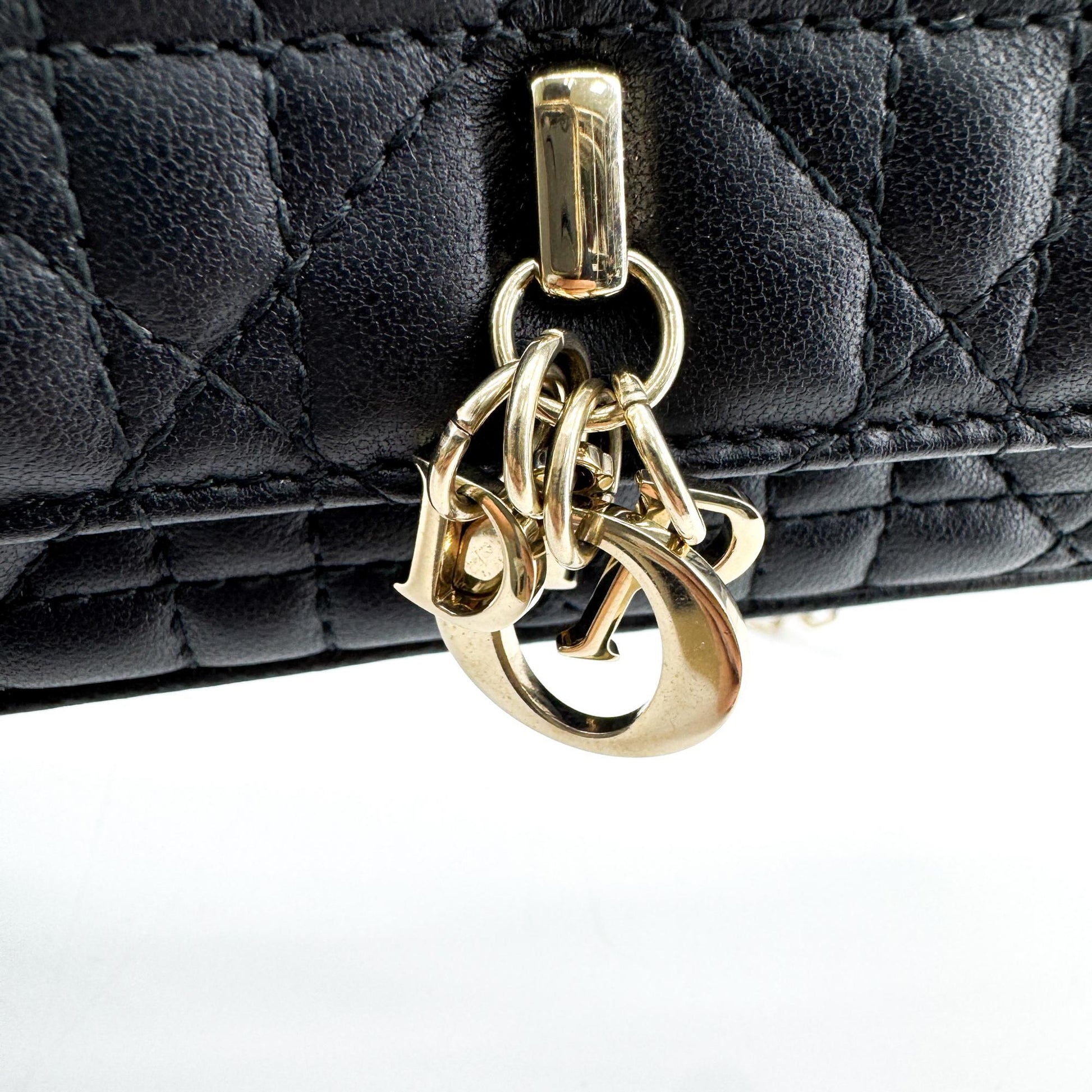 Christian Dior Lady Dior Chain Phone Cannage Quilt Lambskin, Black, Leather, Clutch