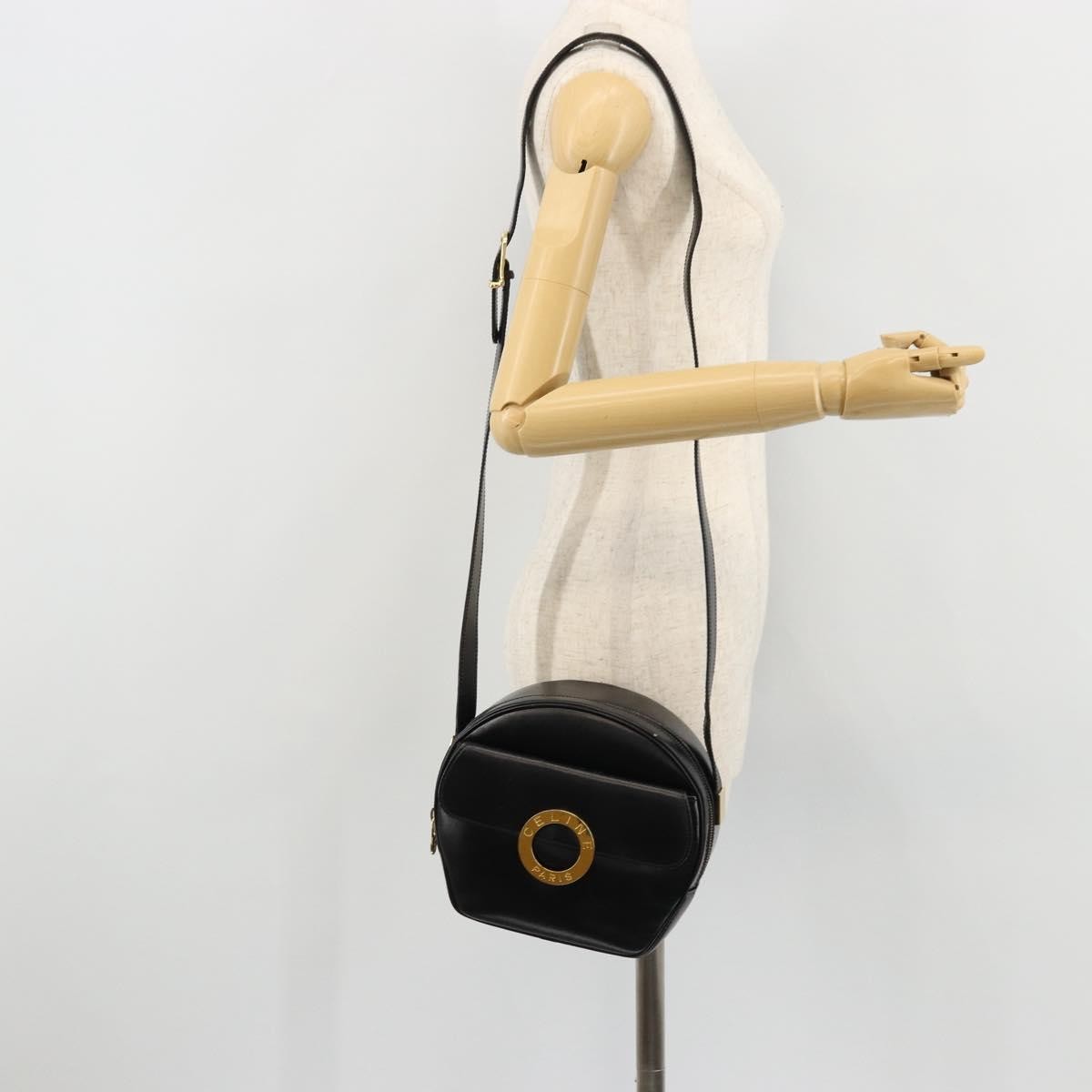Celine Circle Logo Leather, Black, Leather, Shoulder Bag