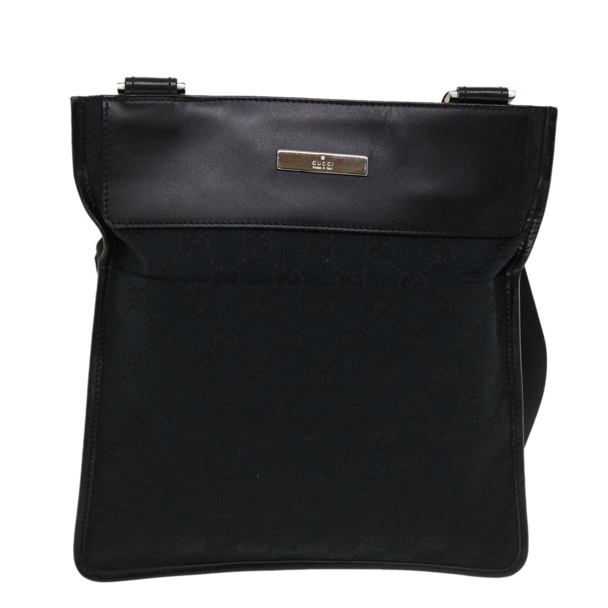 Gucci Vintage Flat Messenger GG Canvas and Leather, Black, Canvas, Handbag