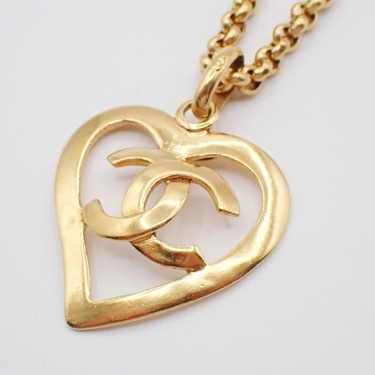 Chanel Vintage CC Heart Pendant Long Metal, Gold, Gold Plated, Necklace