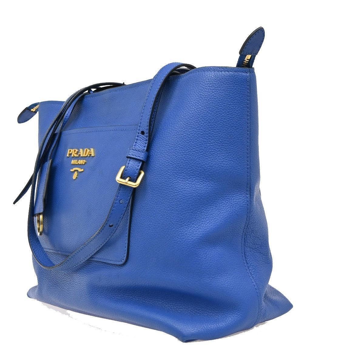 Prada Front Pocket Shopping Vitello Daino, Blue, Leather, Tote Bag