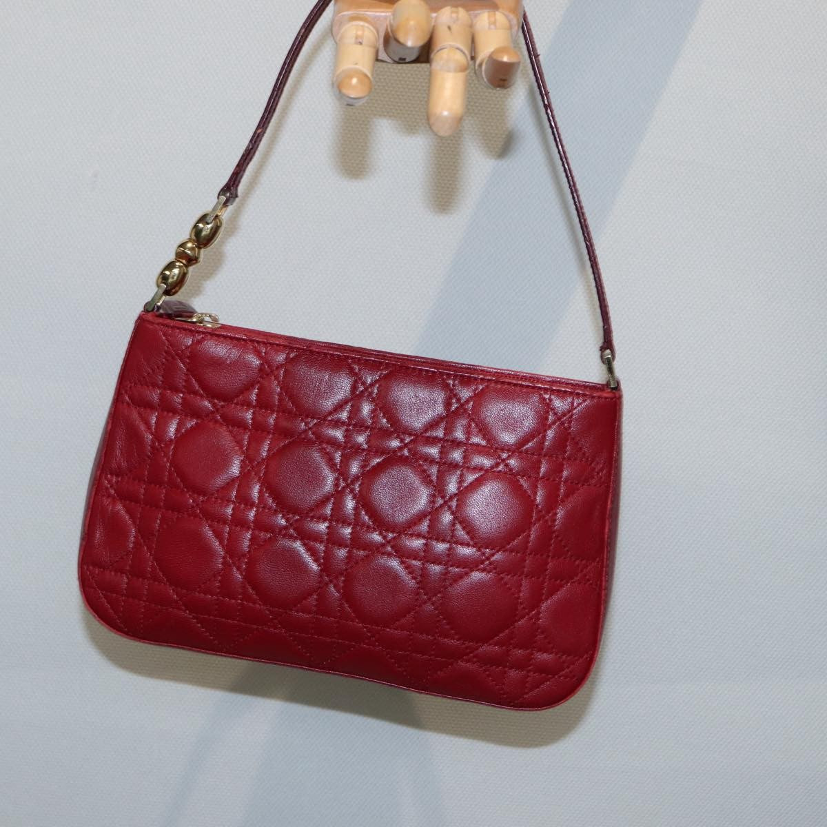 Christian Dior Lady Dior Zip Pochette Cannage Quilt Lambskin, Red, Leather, Clutch