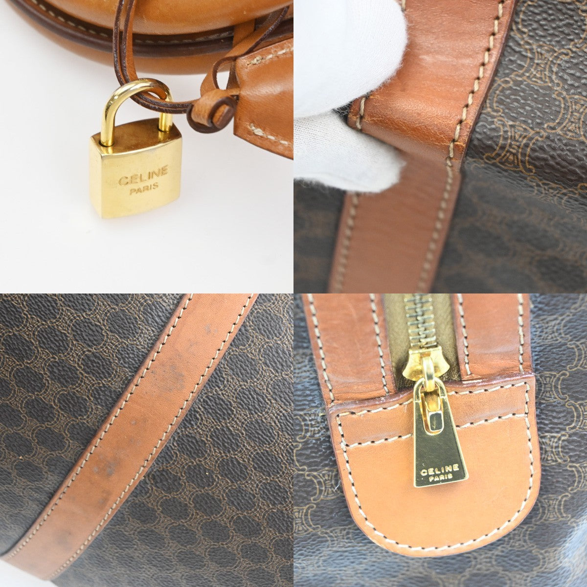 Celine Vintage Duffle Canvas and Leather, Brown, Canvas, Travel Bag