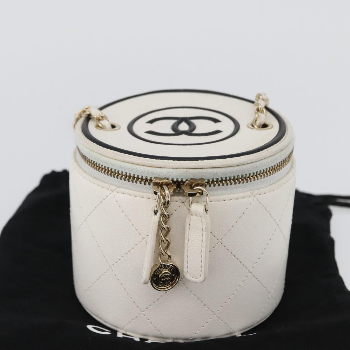 Chanel CC Round Vanity Case with Chain Quilted Lambskin, White, Leather, Clutch