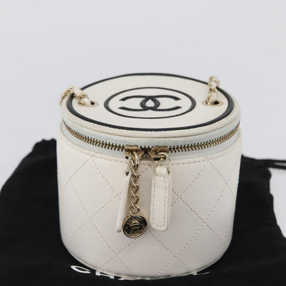 Chanel CC Round Vanity Case with Chain Quilted Lambskin, White, Leather, Clutch
