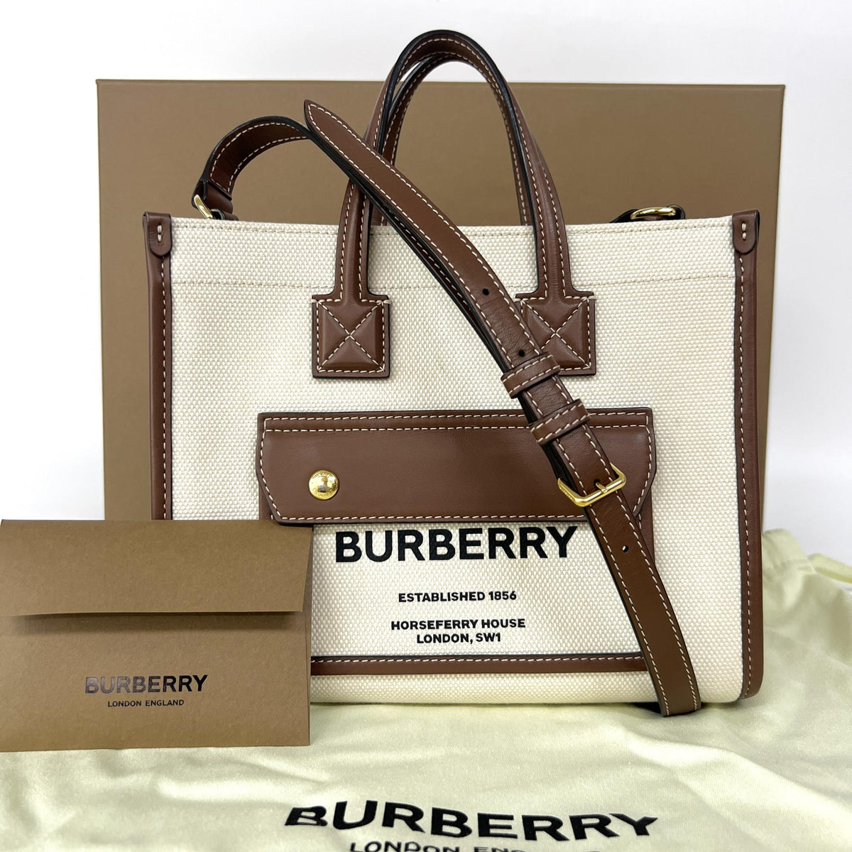 Burberry Freya Shopping Tote Canvas with Leather, Beige, Canvas, Tote Bag