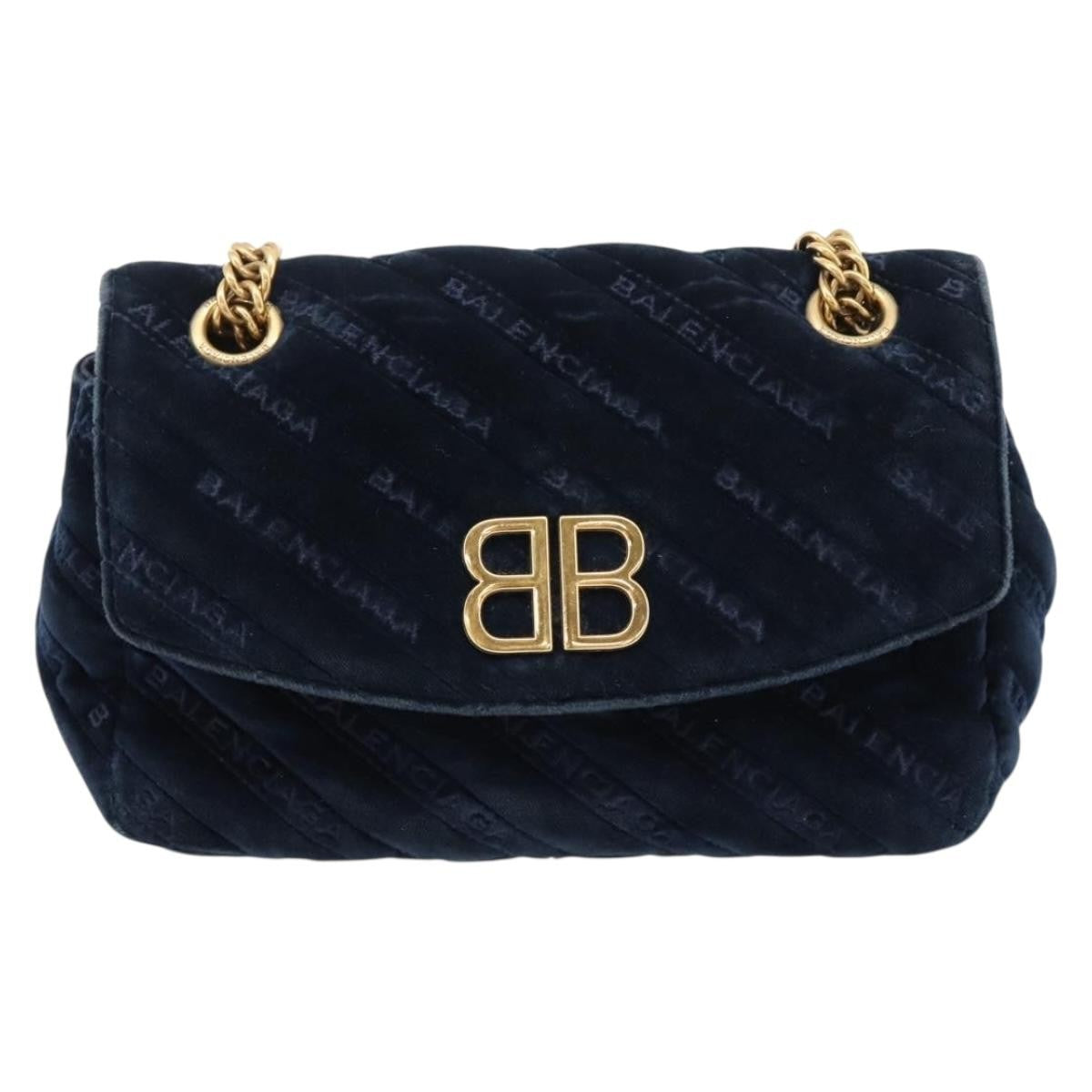 Balenciaga BB Chain Round Quilted Velvet, Navy, Velvet, Shoulder Bag