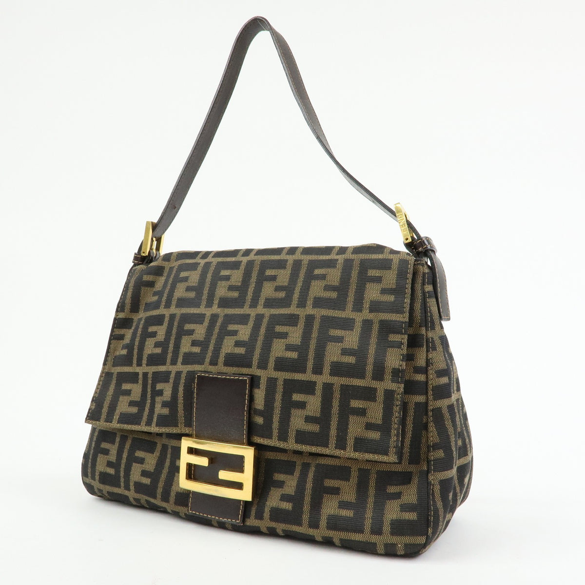 Fendi Round Flap Baguette Zucca Canvas, Brown, Canvas, Shoulder Bag