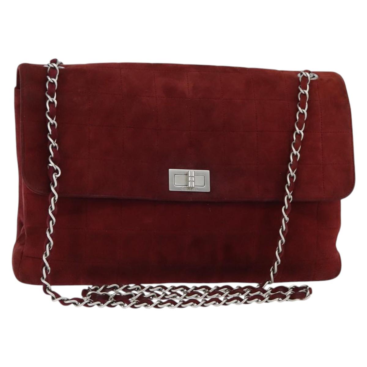 Chanel Chocolate Bar Flap Bag Quilted Satin, RED, SUEDE, Shoulder bag