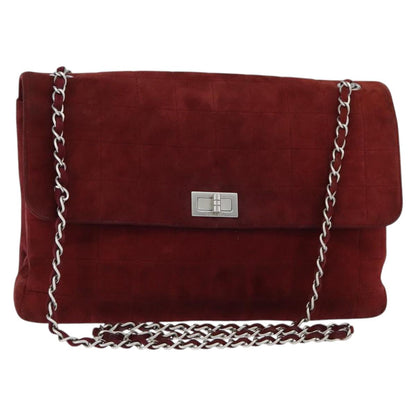 Chanel Chocolate Bar Flap Bag Quilted Satin, RED, SUEDE, Shoulder bag