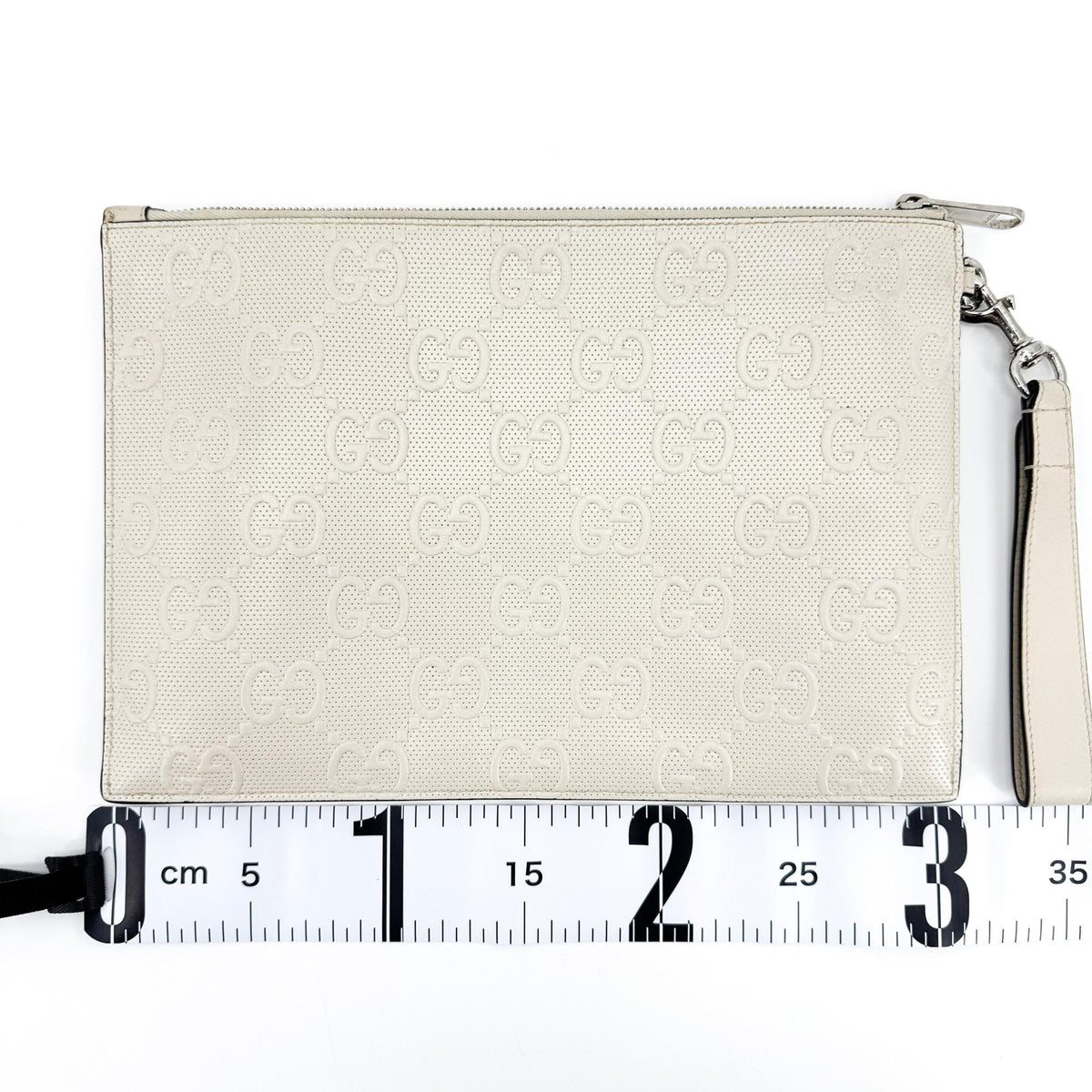Gucci Wristlet GG Embossed Perforated Leather, White, Leather, Clutch