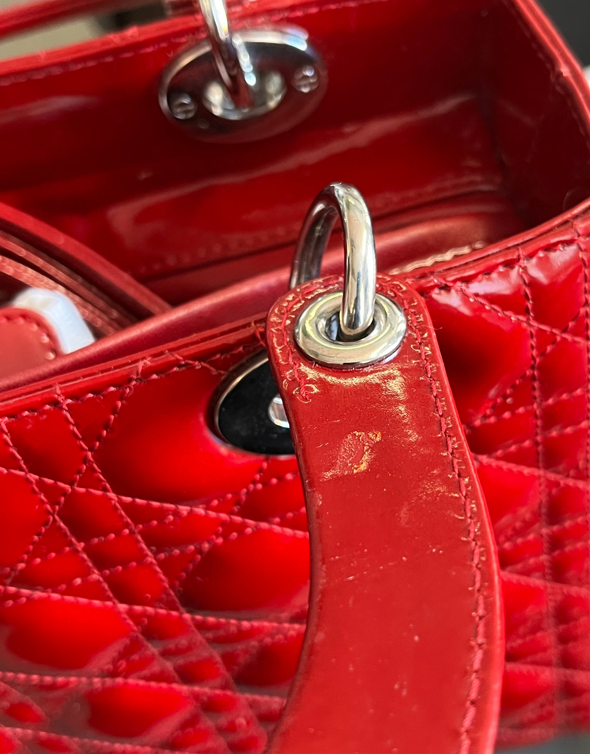 Christian Dior Lady Dior Patent, Red, Patent Leather, Handbag