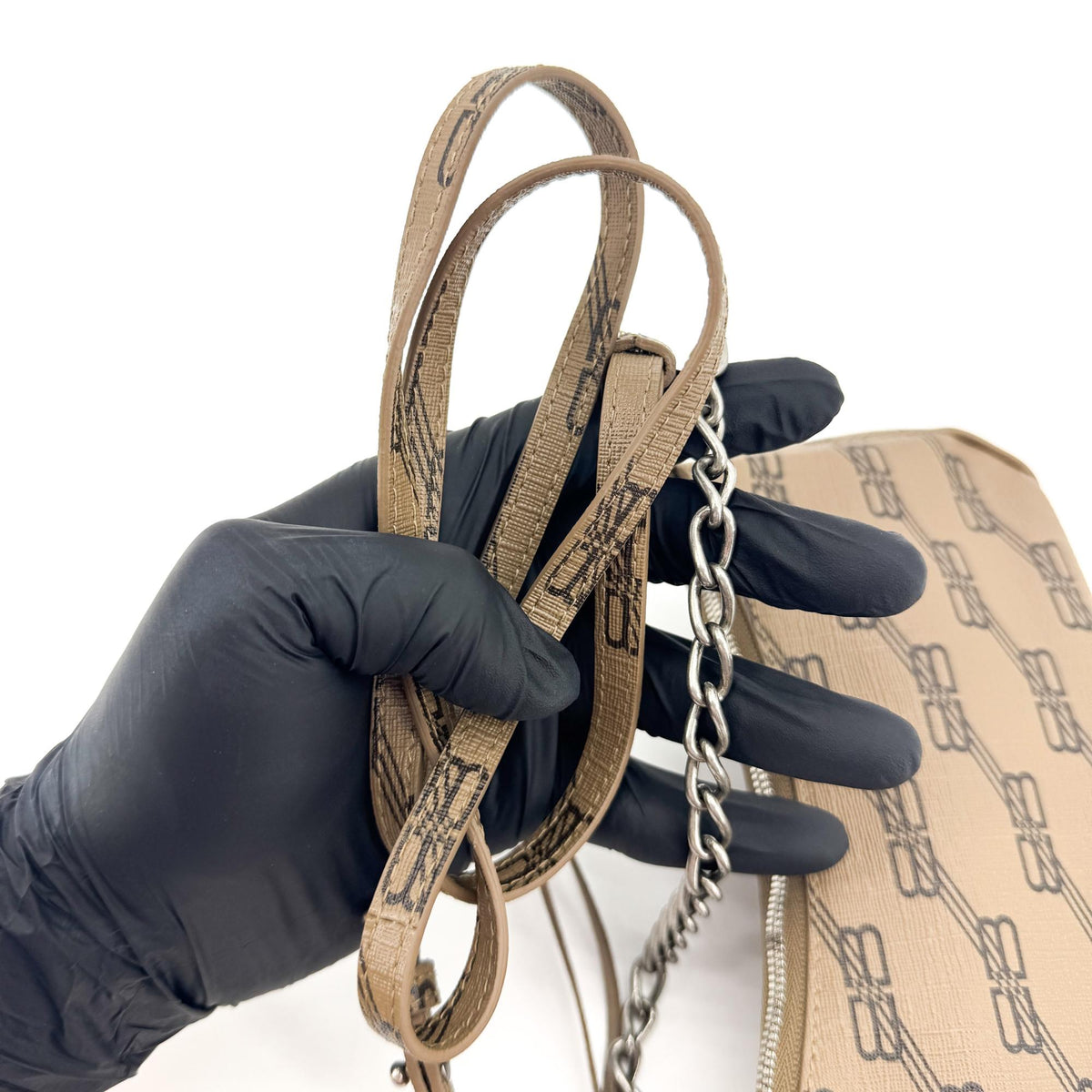 Balenciaga Le Cagole Giant Studs BB Monogram Coated Canvas, Brown, Calfskin, Shoulder Bag