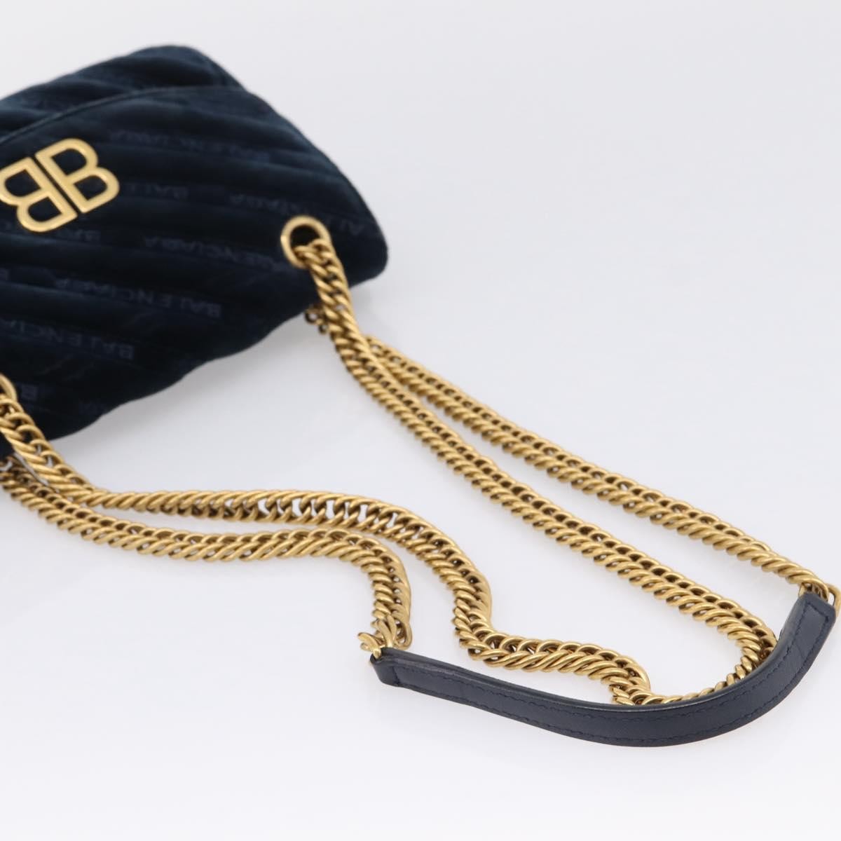 Balenciaga BB Chain Round Quilted Velvet, Navy, Velvet, Shoulder Bag