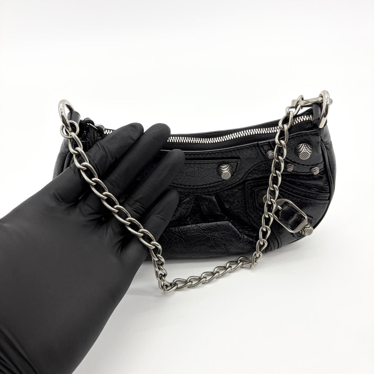 Balenciaga Le Cagole Giant Studs Chain Leather, Black, Leather, Shoulder Bag