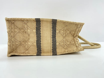 Christian Dior Book Cannage Embroidered Raffia, Beige, Canvas, Tote Bag