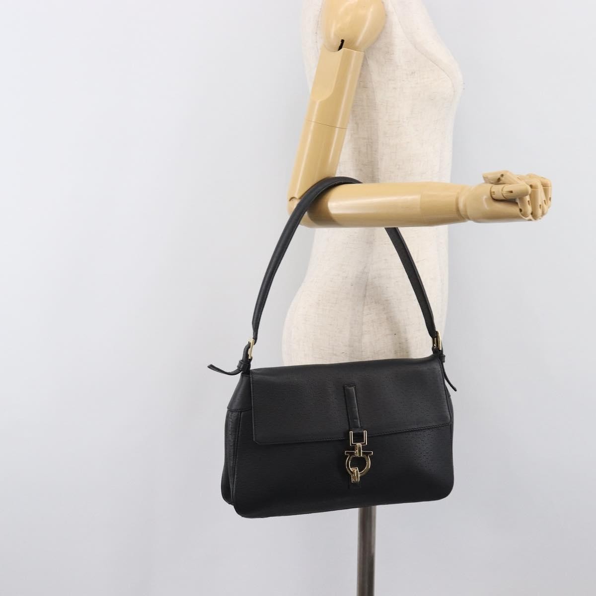 Salvatore Ferragamo Gancini Leather, Black, Leather, Shoulder Bag