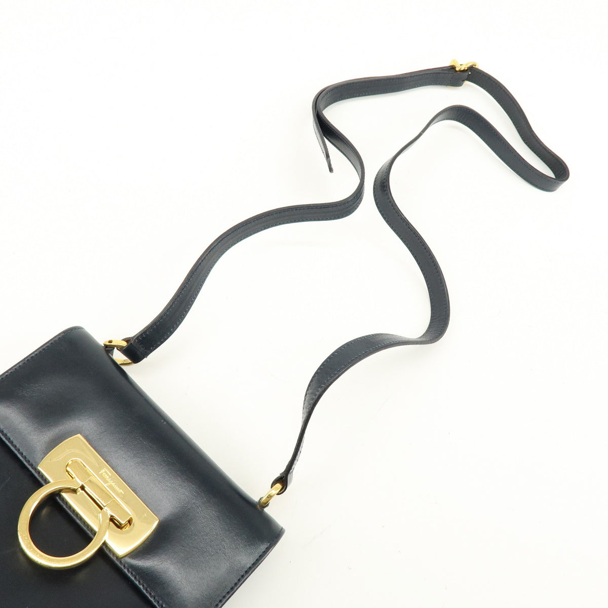 Salvatore Ferragamo Vintage Gancini Flap Leather, Navy, Leather, Shoulder Bag